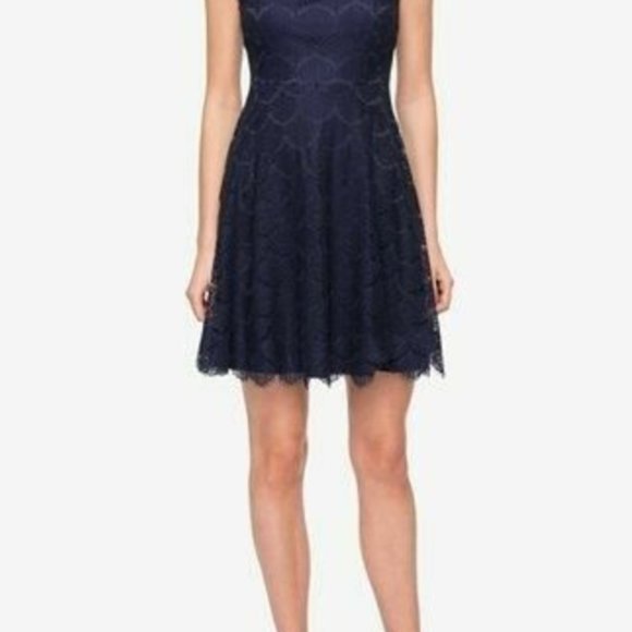 Jessica Simpson Navy Fit and Flare Lace Dress with Back Cutout - Picture 1 of 4